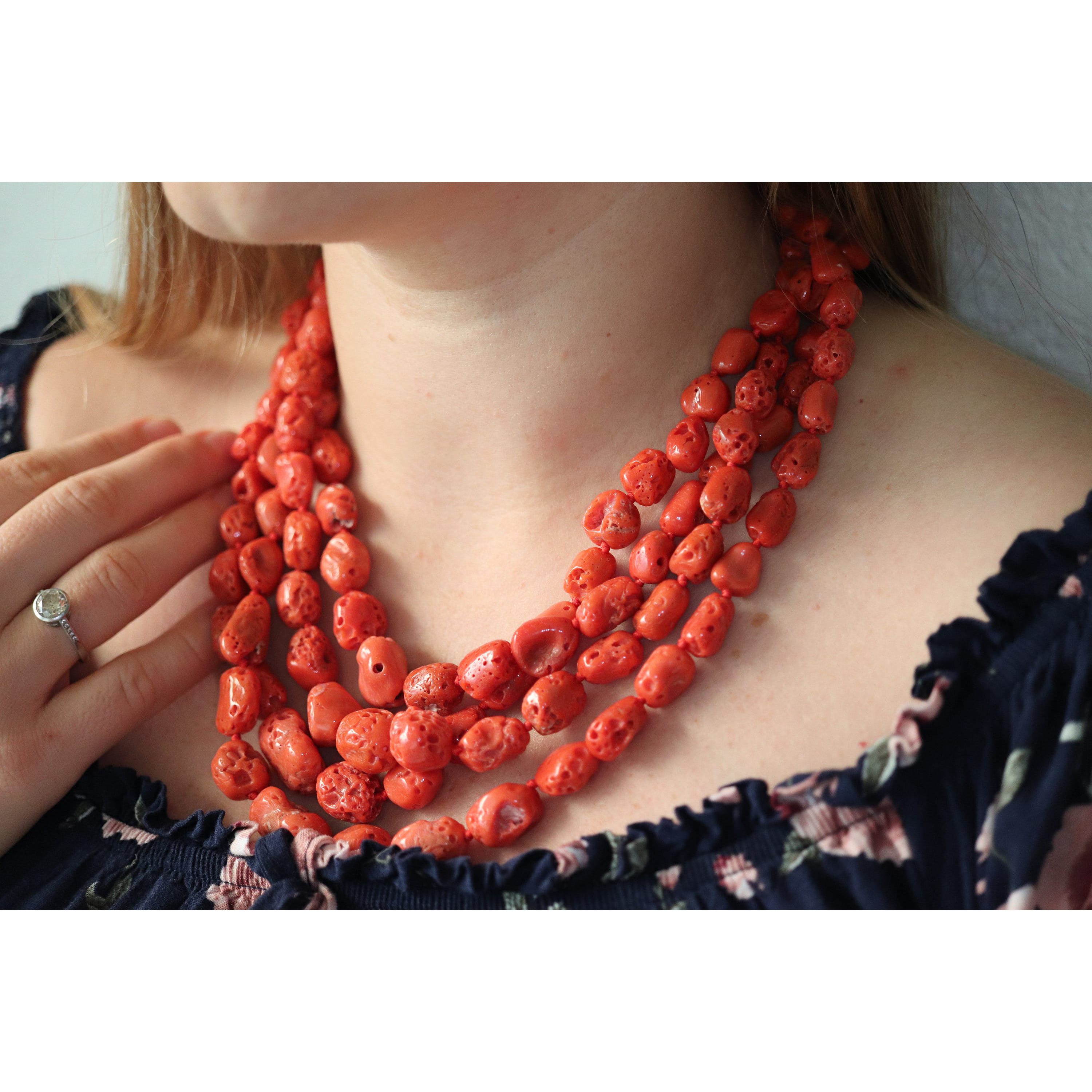 14k Coral Bead Necklace. Multi-Strand Raw Coral beads. High Quality Coral Natur
