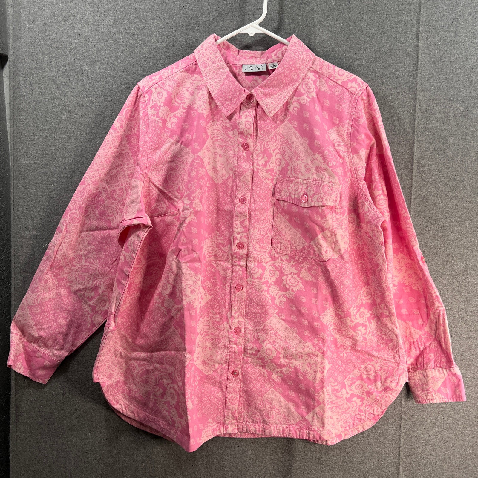 Joan Rivers Printed Patchwork Denim Shirt Pink, Size 1X