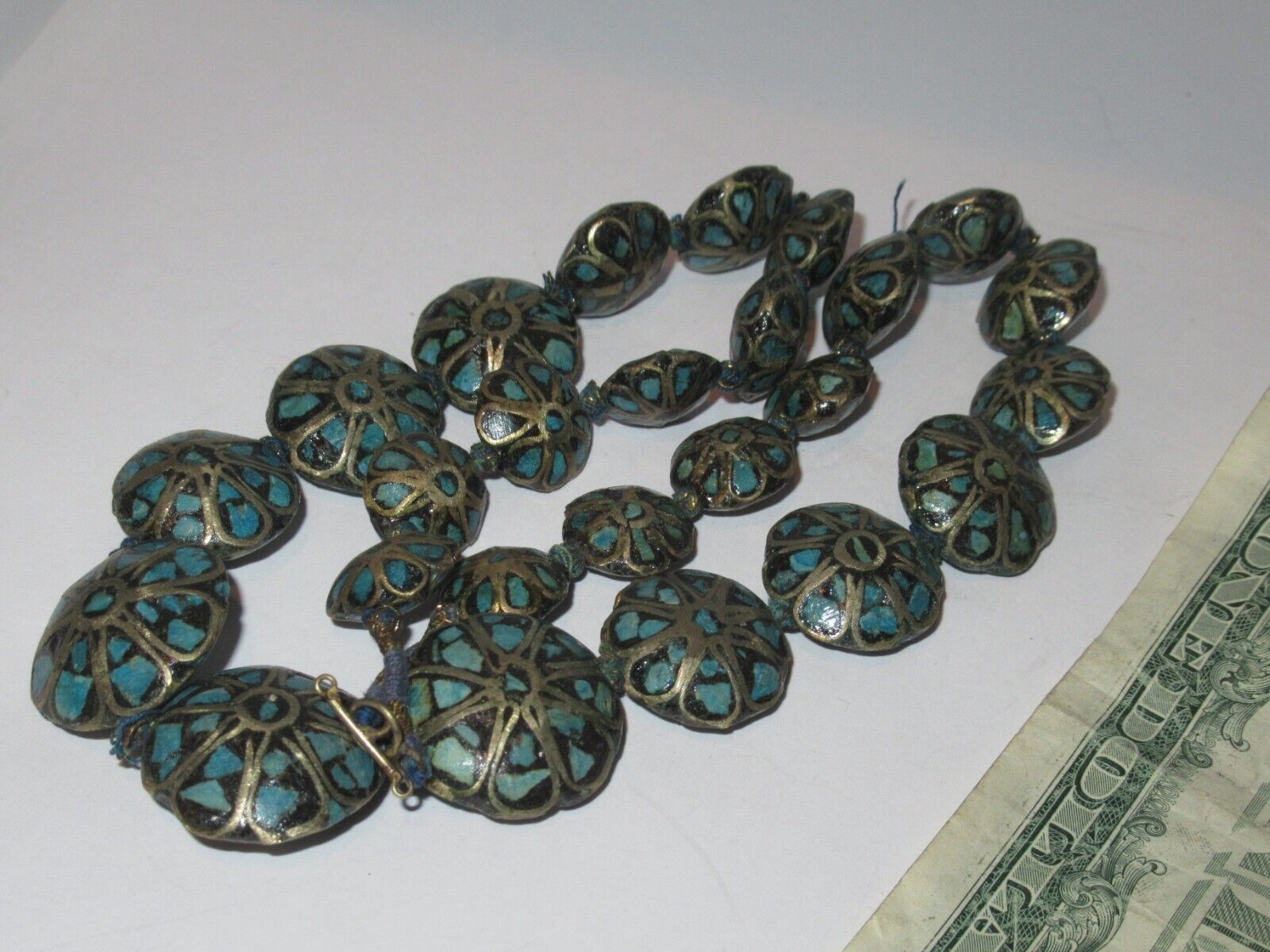 Antique 1920s 25 Bead Tibetan Turquoise Inlay Silver Graduated Necklace (135S)