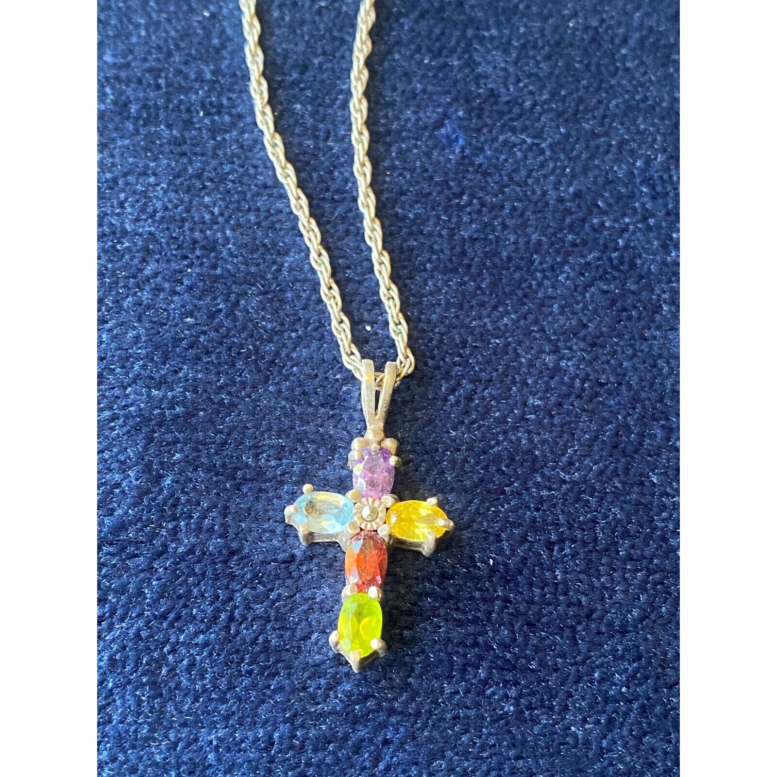 Sterling Silver Multi Gemstone Cross Pendant Necklace 925 Amethyst Topaz Garnet