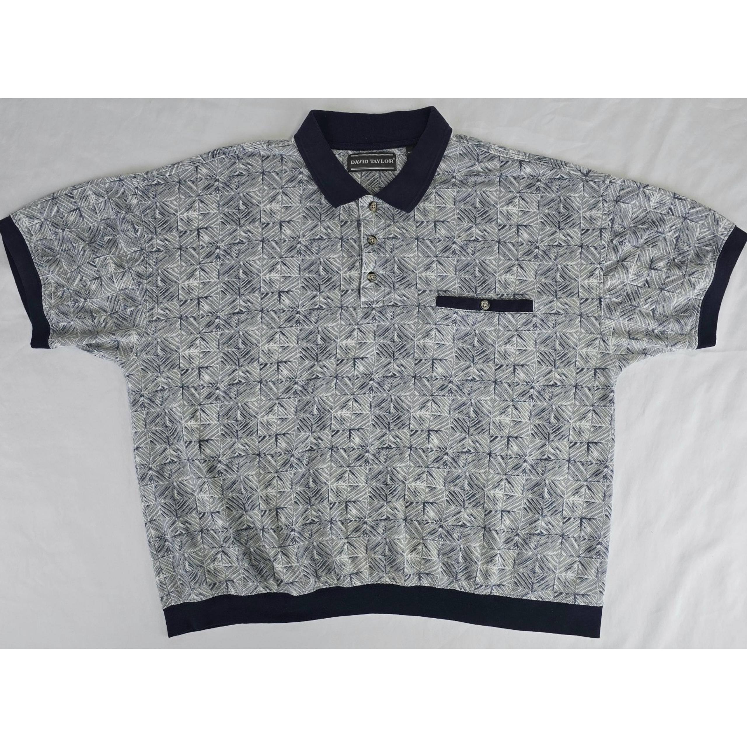 Vtg David Taylor Golf Polo Shirt Mens XL Green Blue Geo Banded Waist Pocket Dad