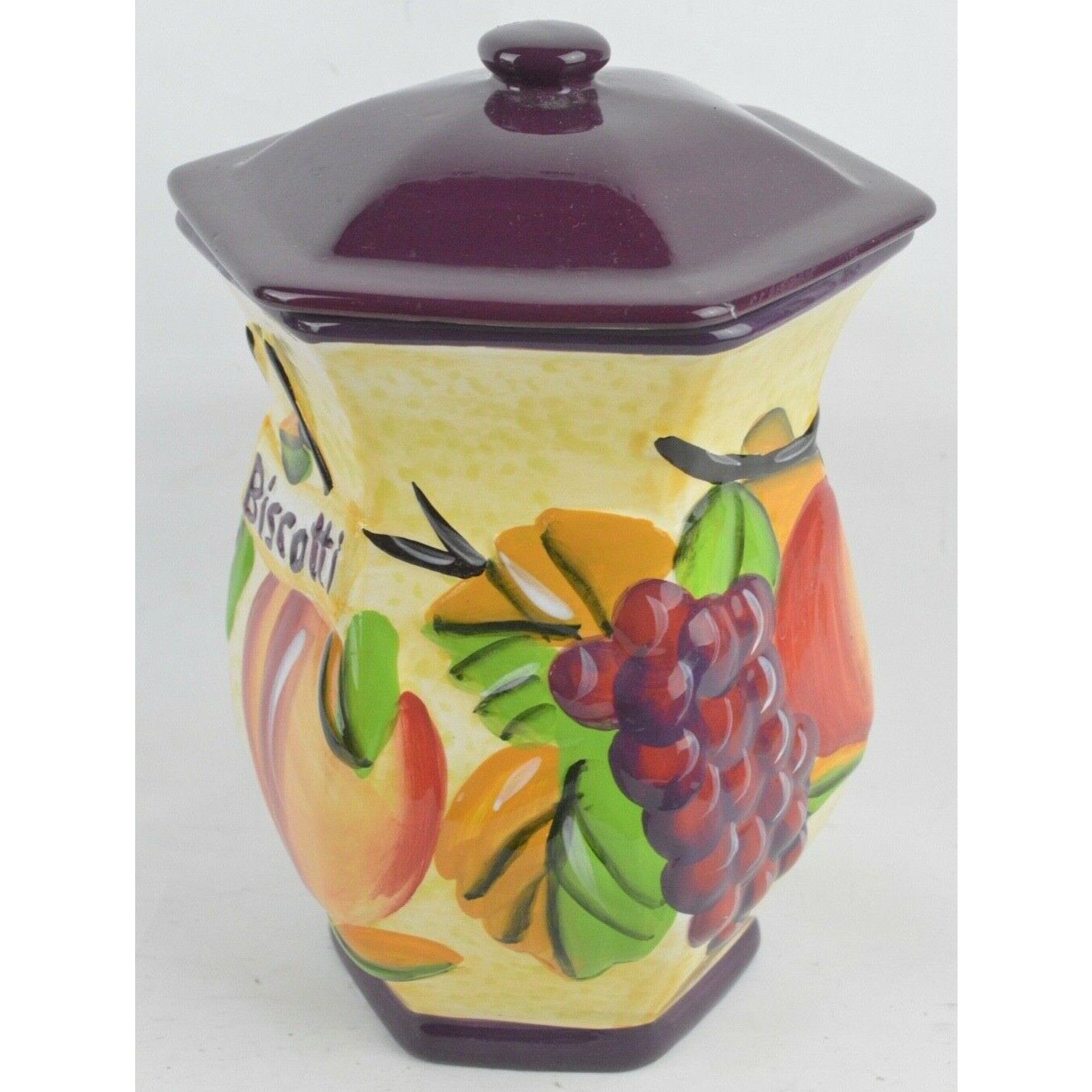 NONNI'S Biscotti Fruit Ceramic Cookie Canister Jar Hand Painted Purple Colorful