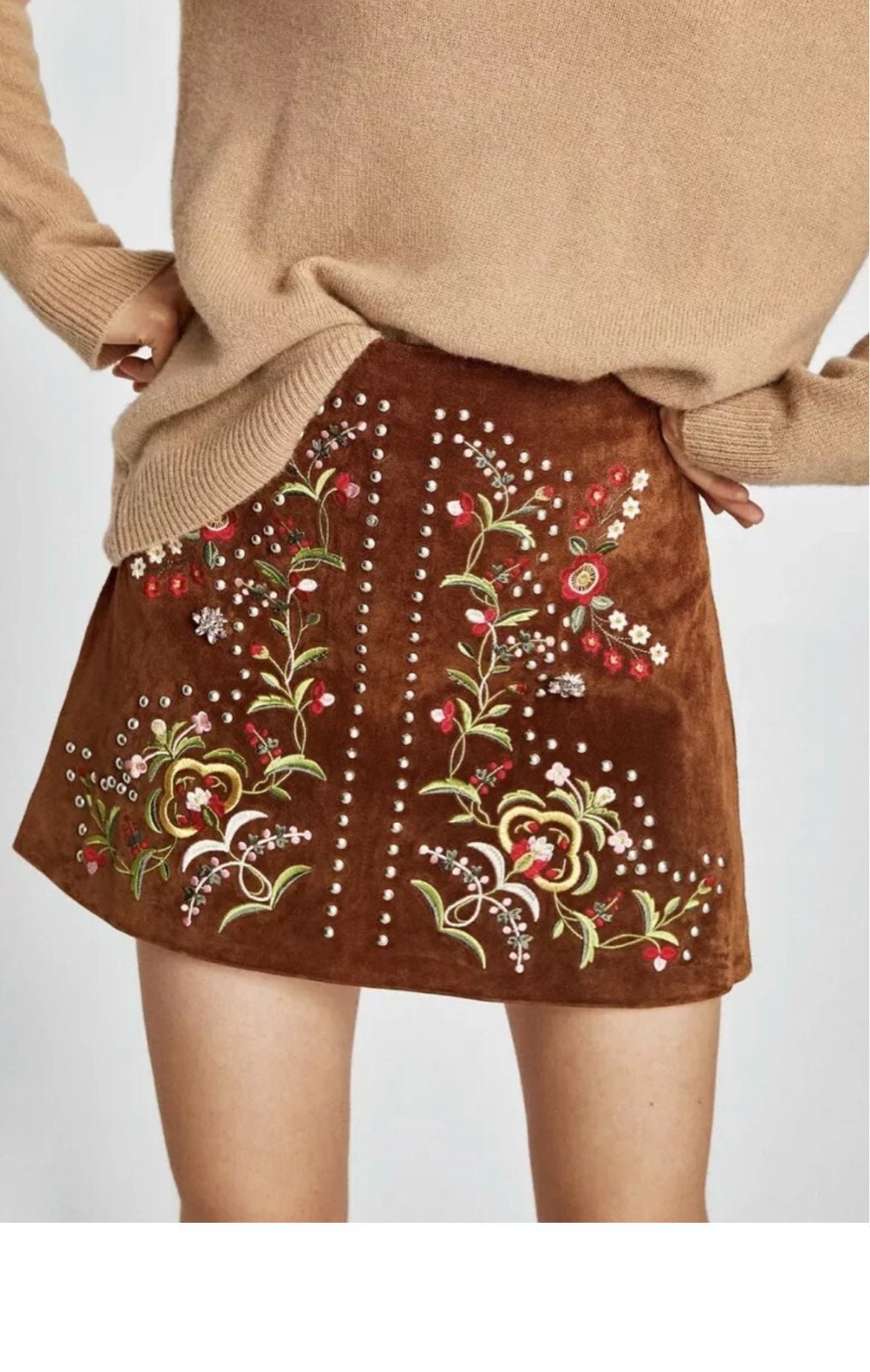 ZARA EMBROIDERED STUDDED GENUINE LEATHER SUEDE MINI Hippie SKIRT Size Small j16