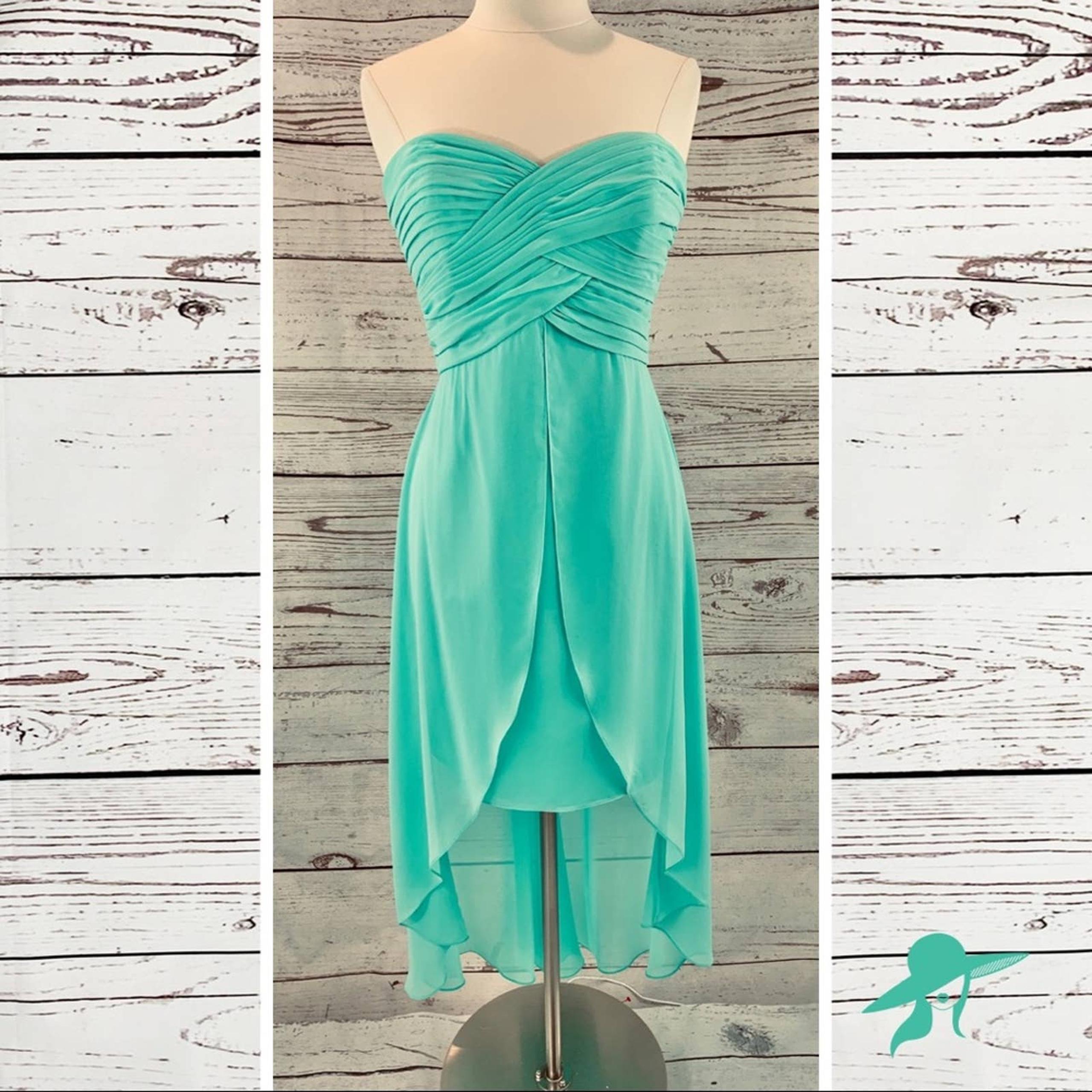 David's Bridal F15678 strapless high low aqua