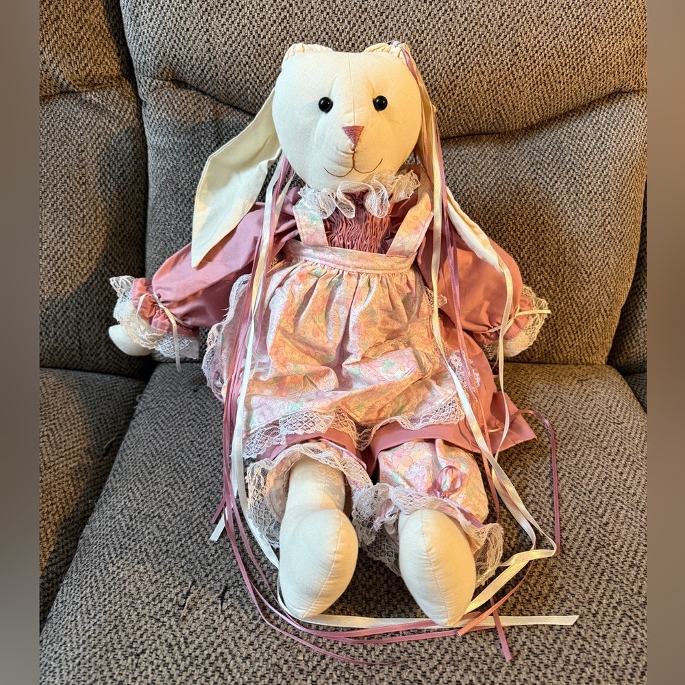 Vintage Handmade Cloth Easter Bunny Floppy Ear Pink Frilly Floral Dress 24