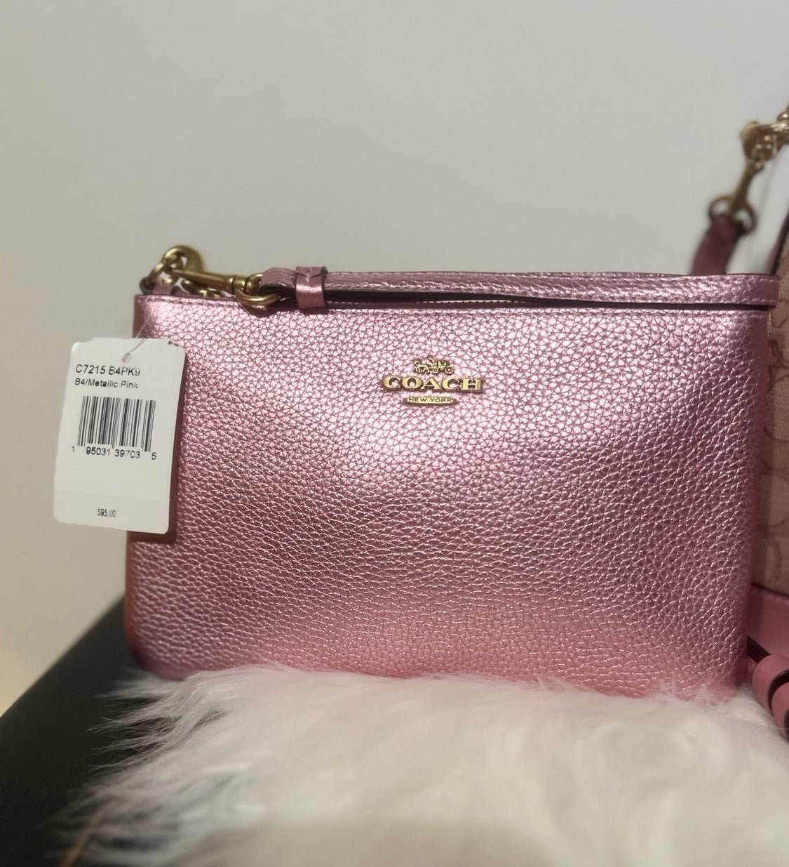NWT COACH Small Corner Zip Wristlet Wallet Pink Metallic Pebble Leather C7215