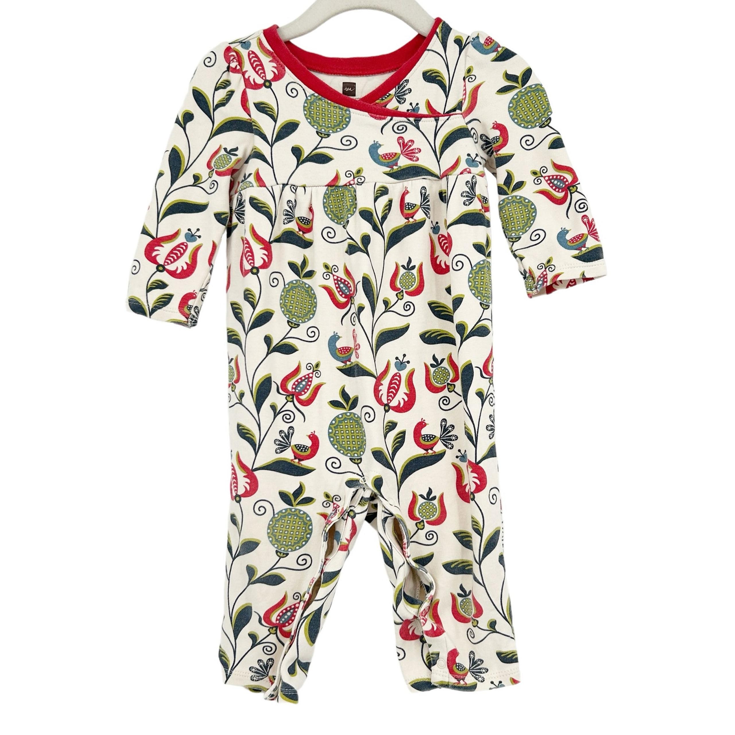 Tea Collection Baby Girls Peacock Floral Print Snap Bottom One Piece Size 6-12M