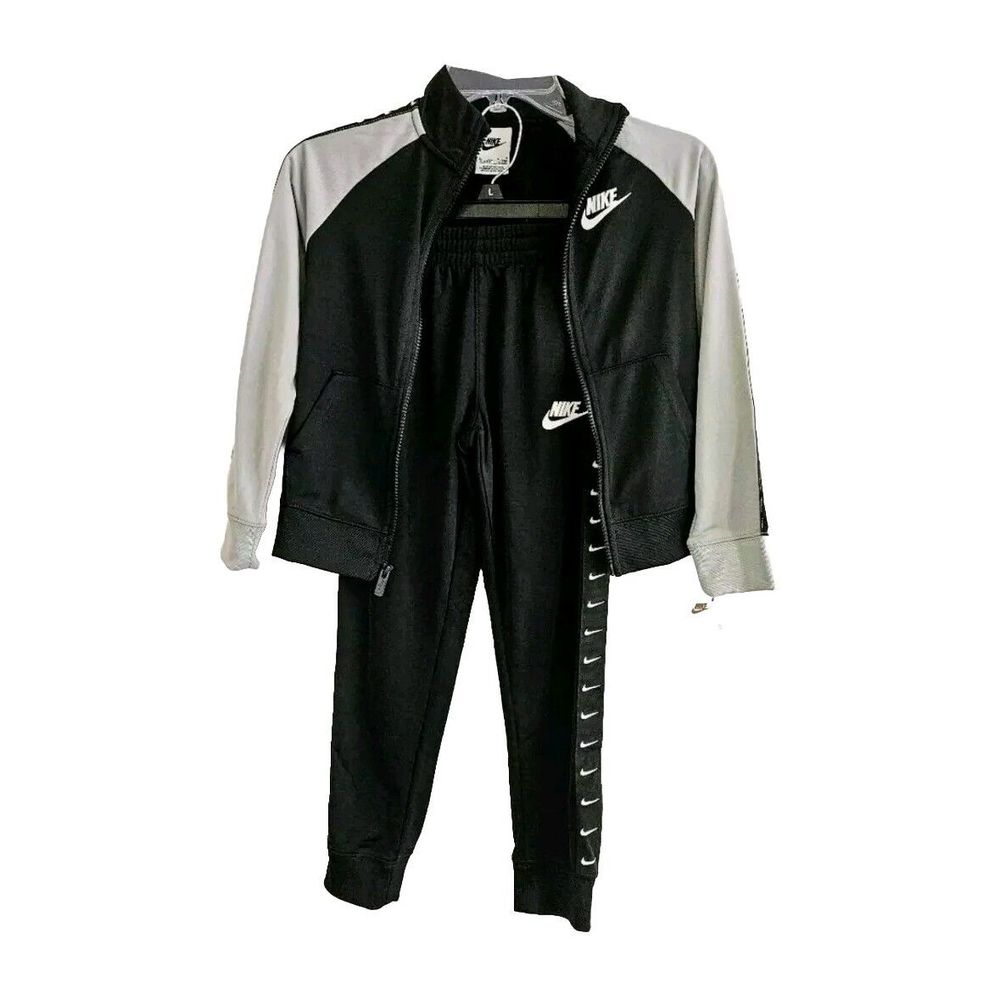 Nike Boy's Swoosh Tricot Black/Grey Taping Jacket and Pant Set Size:7 NWT