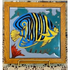 Pacific Blue Tile Trivet Tropical Fish Hand Painted USA Framed in Wood 7