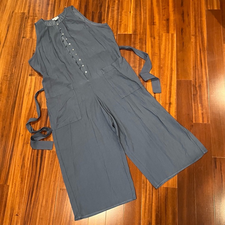 Sundance Stone Blue Jumpsuit Button Front Sleeveless Belted Viscose Petite Large