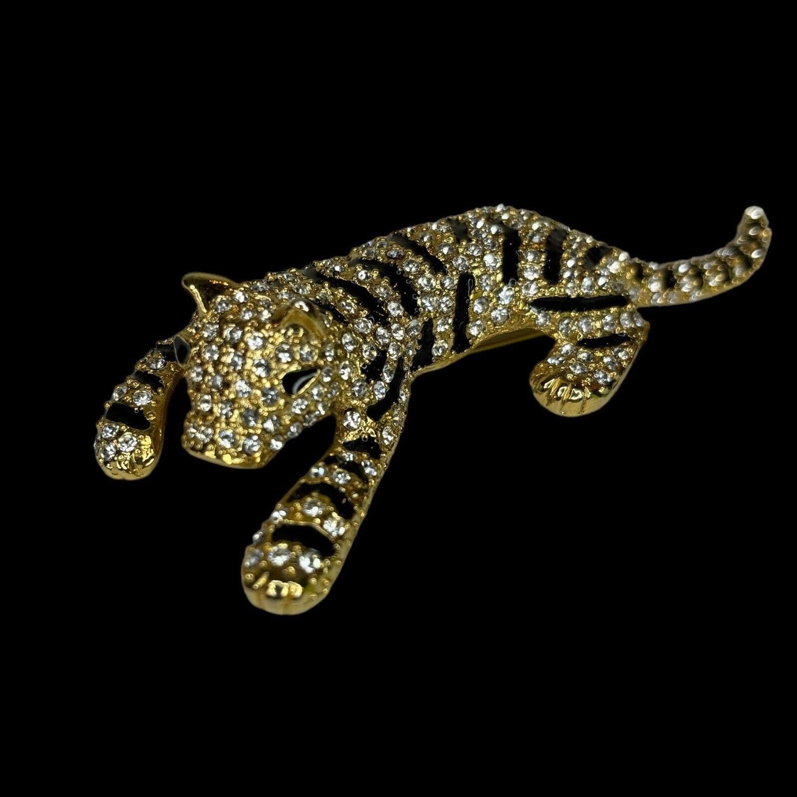 Vintage Giovanni Gold Tone Rhinestone Tiger Cat Brooch Pin 80s Signed Sparkle