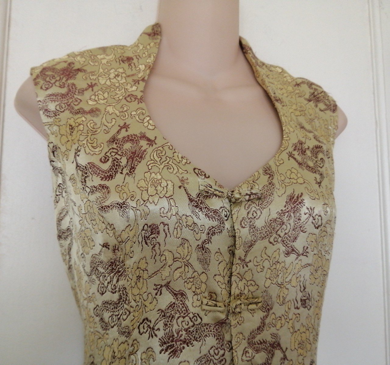 Vintage heart collar Gold Dragon Sleeveless cheongsam front open dress outfit XL