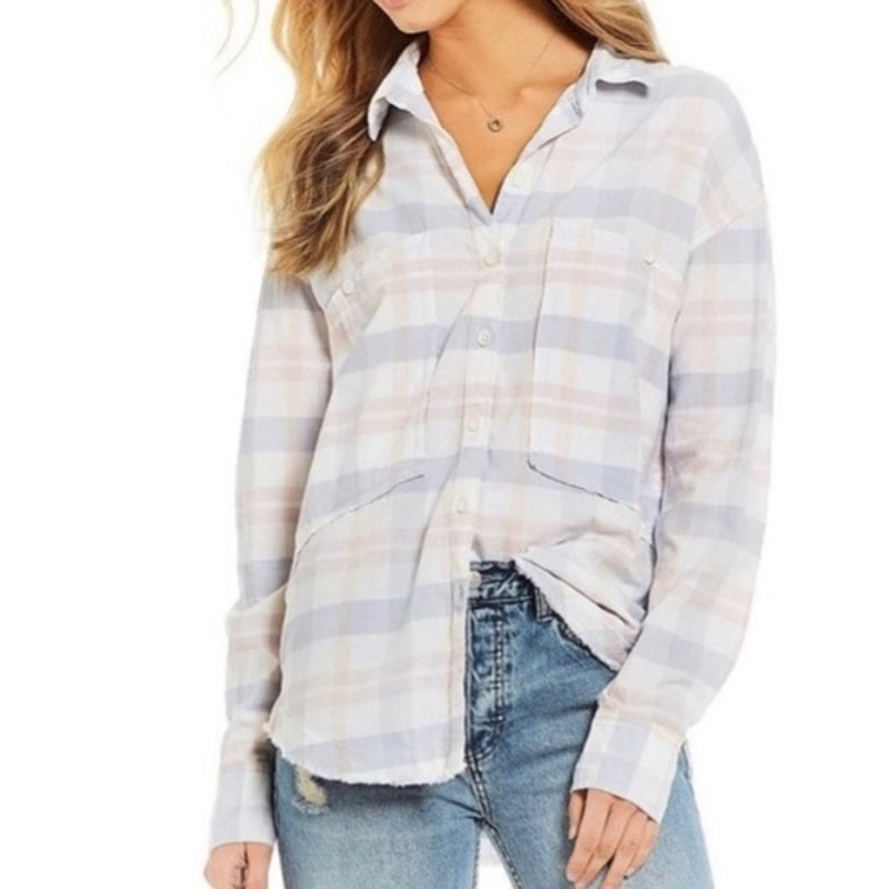 Free People Loveland Plaid Button Down Shirt Top White Pastel Pink Blue, Size XS