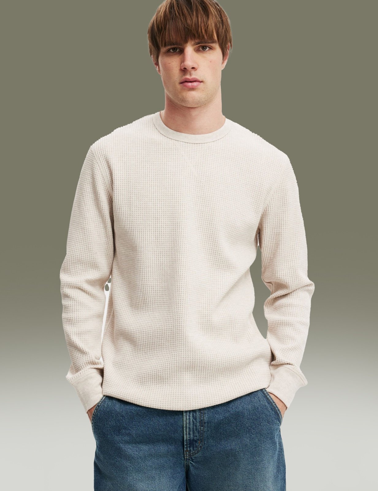 [SALE NEW]- Cotton On Chunky Waffle Long Sleeve Tshirt oatmeal marle Size L Men'