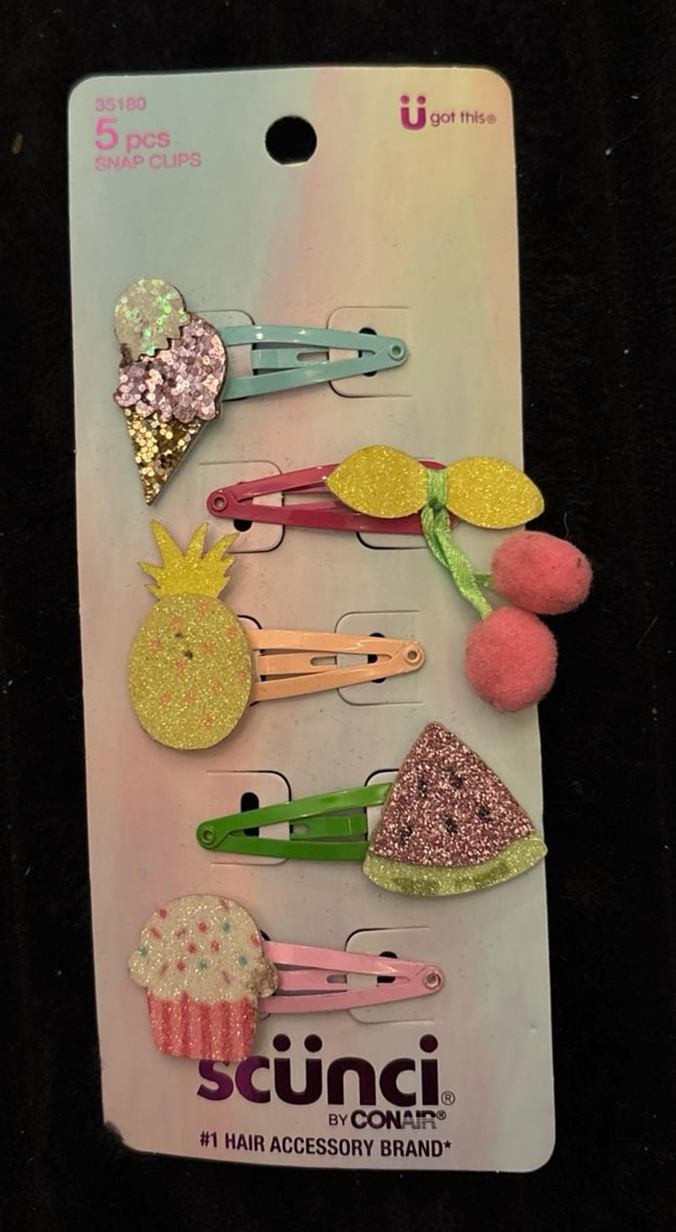 NEW Scunci Girl’s 5pc Glitter Fruit & Sweet Treats Snap Clips Hair Clips