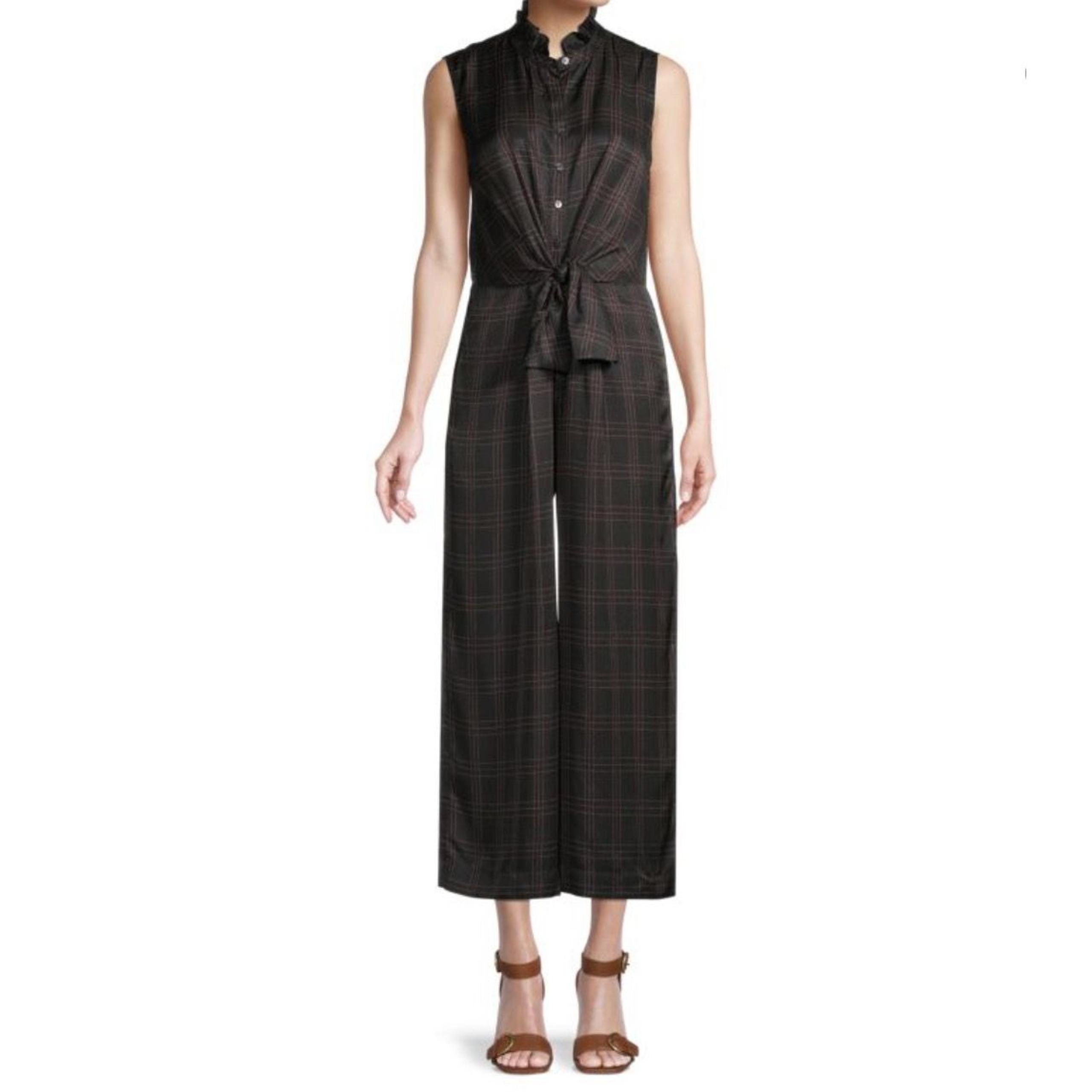 Rebecca Taylor Jules Black Sleeveless Silk Jumpsuit Windowpane Plaid Romper 12