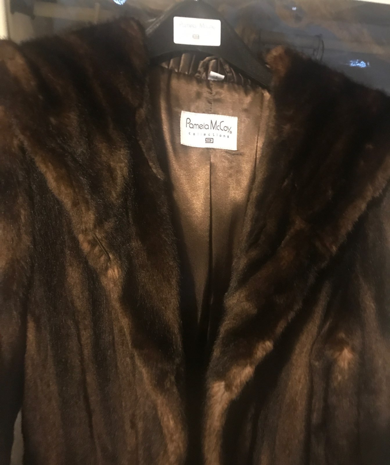 3/4 length faux fur coat dark brown, onl