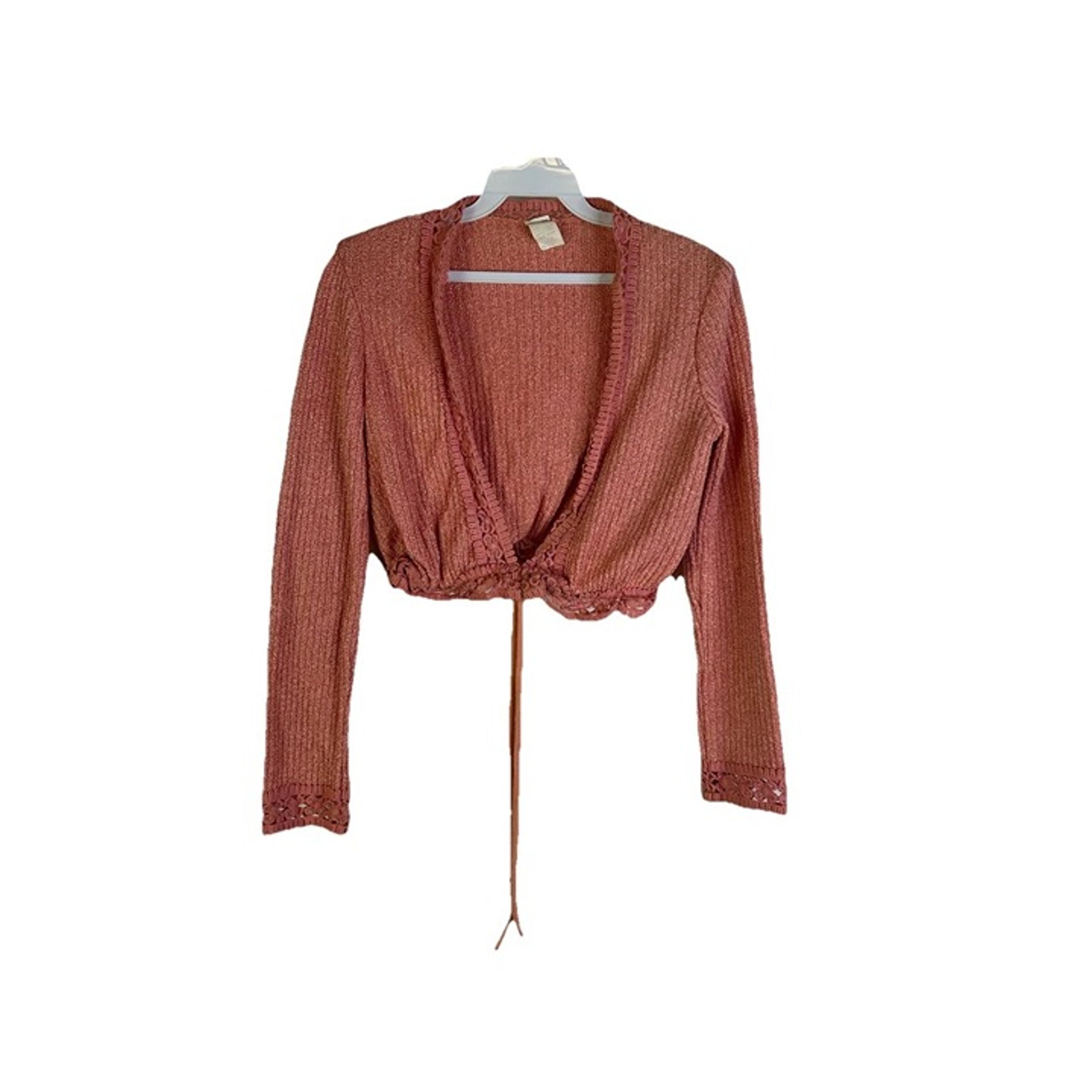 Vintage Y2K Womens 12 Blush Pink Crochet Trim Cropped Cardigan Sweater Fairy