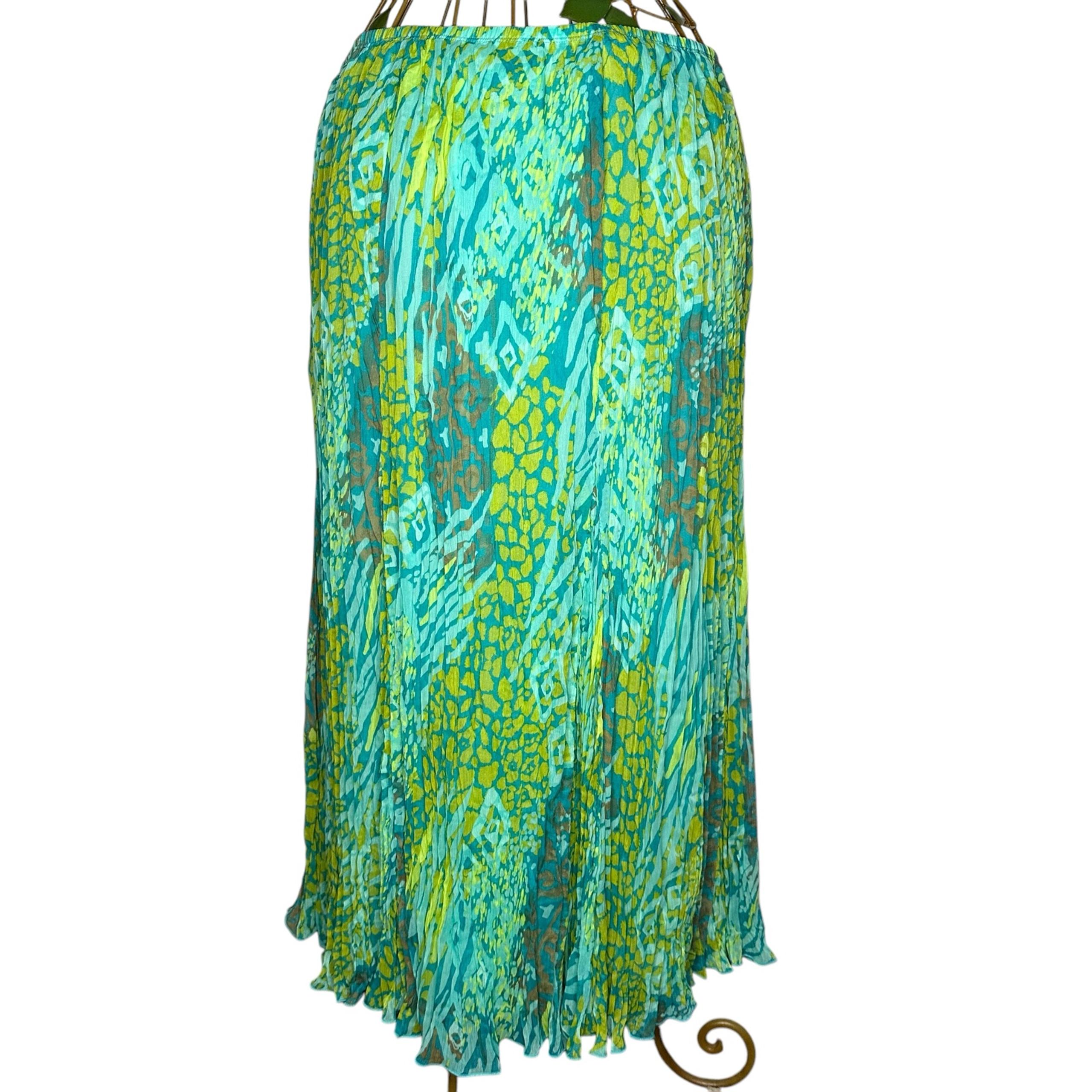 Vintage Ruby Rd. Vibrant Green and Blue Abstract Pleated Maxi Skirt - Women’s 14