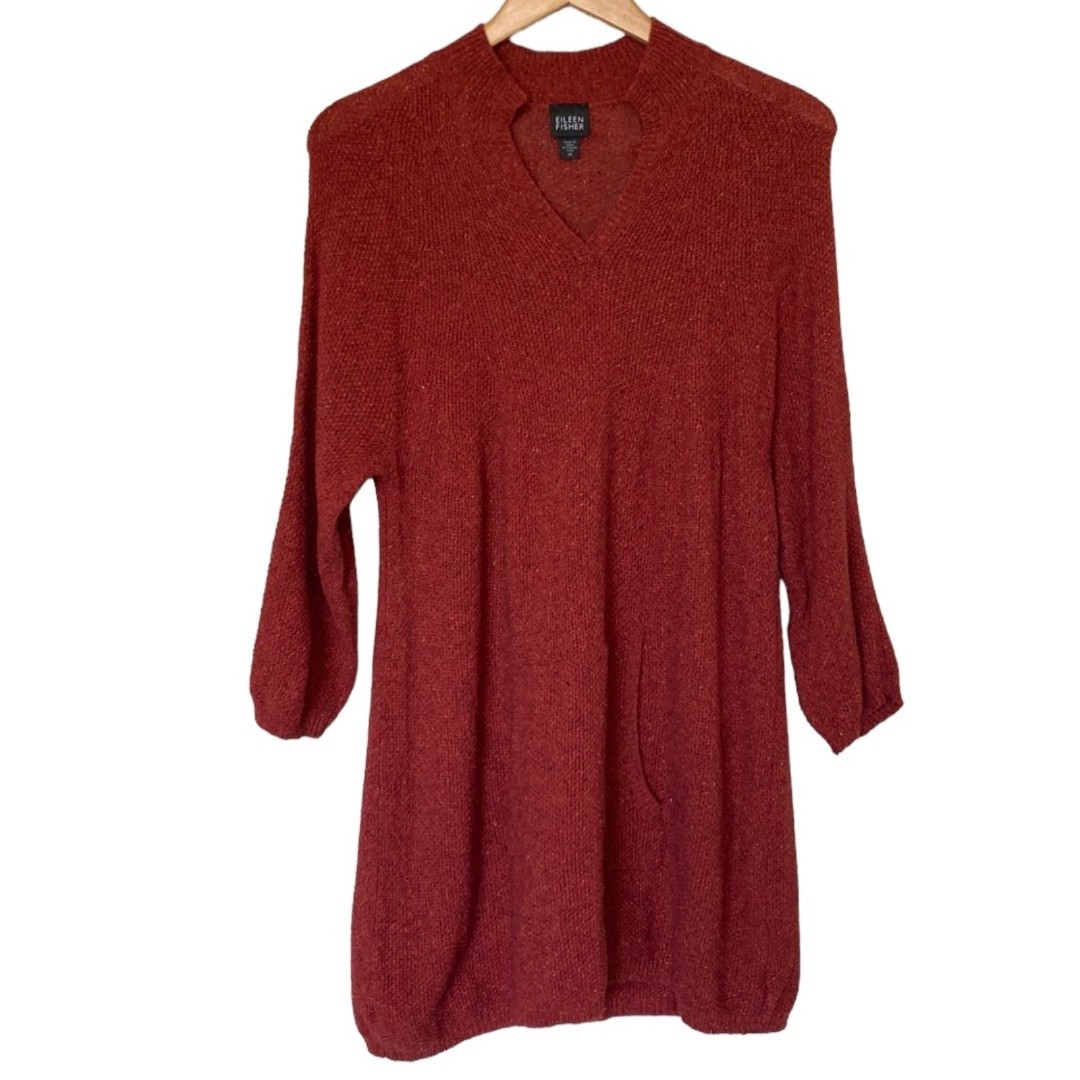 Eileen Fisher Wool Solk Blend Lightweight Burnt Orange Speckled Knit Sweater XS