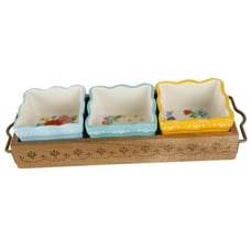 Pioneer Woman Floral Medley Condiment Stoneware Bowls Acacia Wood Tray 4-Piece
