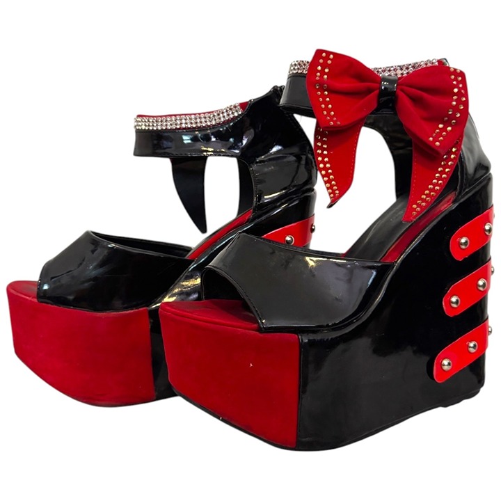 Shully's Platform Peep Toe High Heel Club Sandals 9 Mall Goth Club Red Black Bow