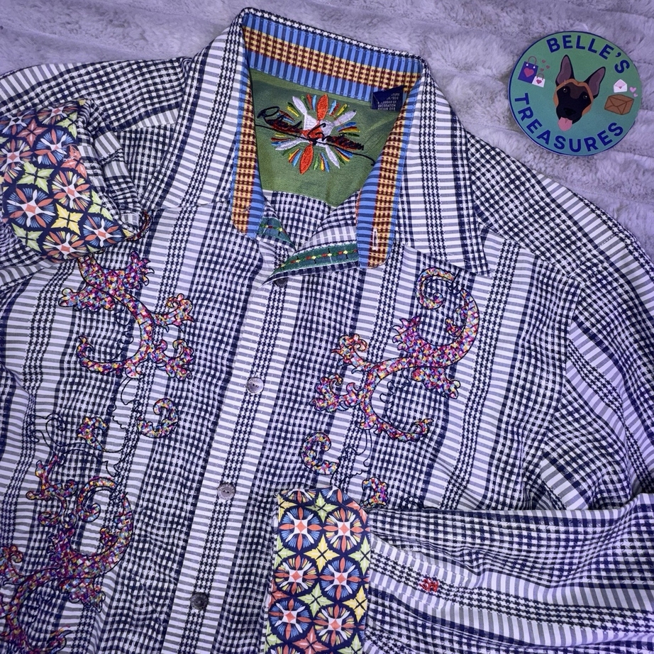 Robert Graham Shirt Large Button Up Silk Embroidered Flip Cuff Long Sleeve LE
