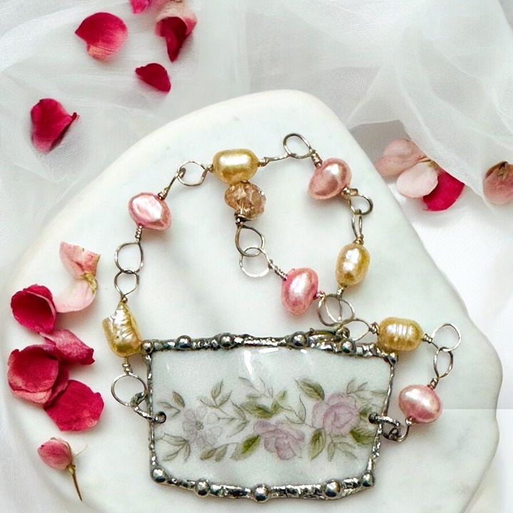 Broken China Bracelet caged Artisan Silver Blend Metalwork & Freshwater Pearls