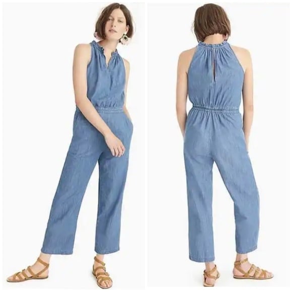 Point Sur J Crew Wide Leg Chambray Jumpsuit Ruffle Neck Sleeveless Sz 0