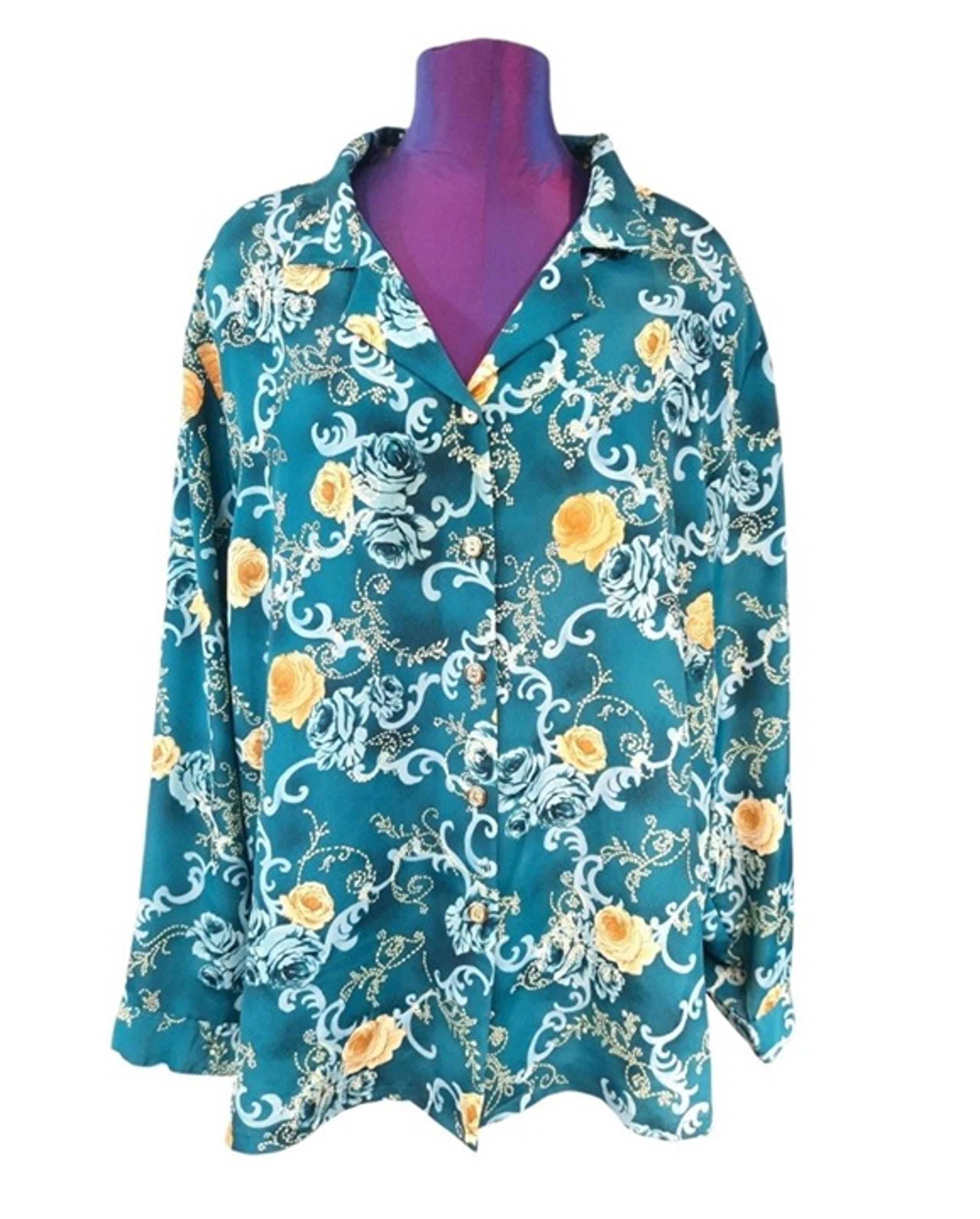 Vintage BonWorth Floral Button Down Teal Gold Blouse Size 2X Women's Plus E29