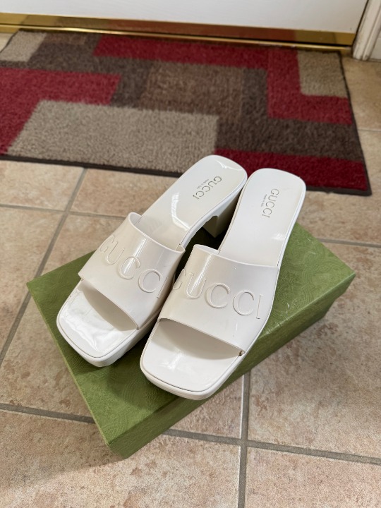 Gucci Rubber Slide Heeled Sandals Mystic White Size 41 EU / 11 US