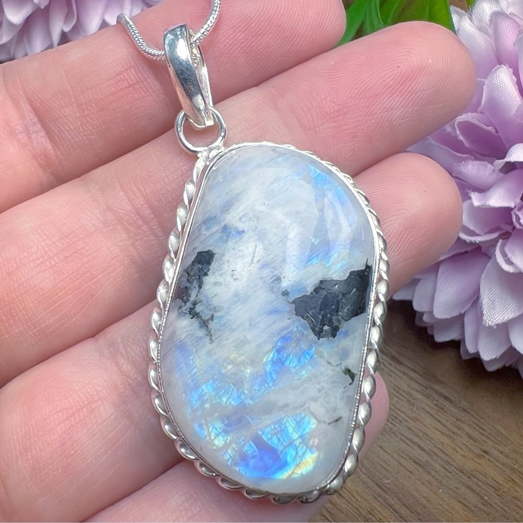 Solid Sterling Silver 925 Tourmaline Rainbow Moonstone Pendant Handmade New