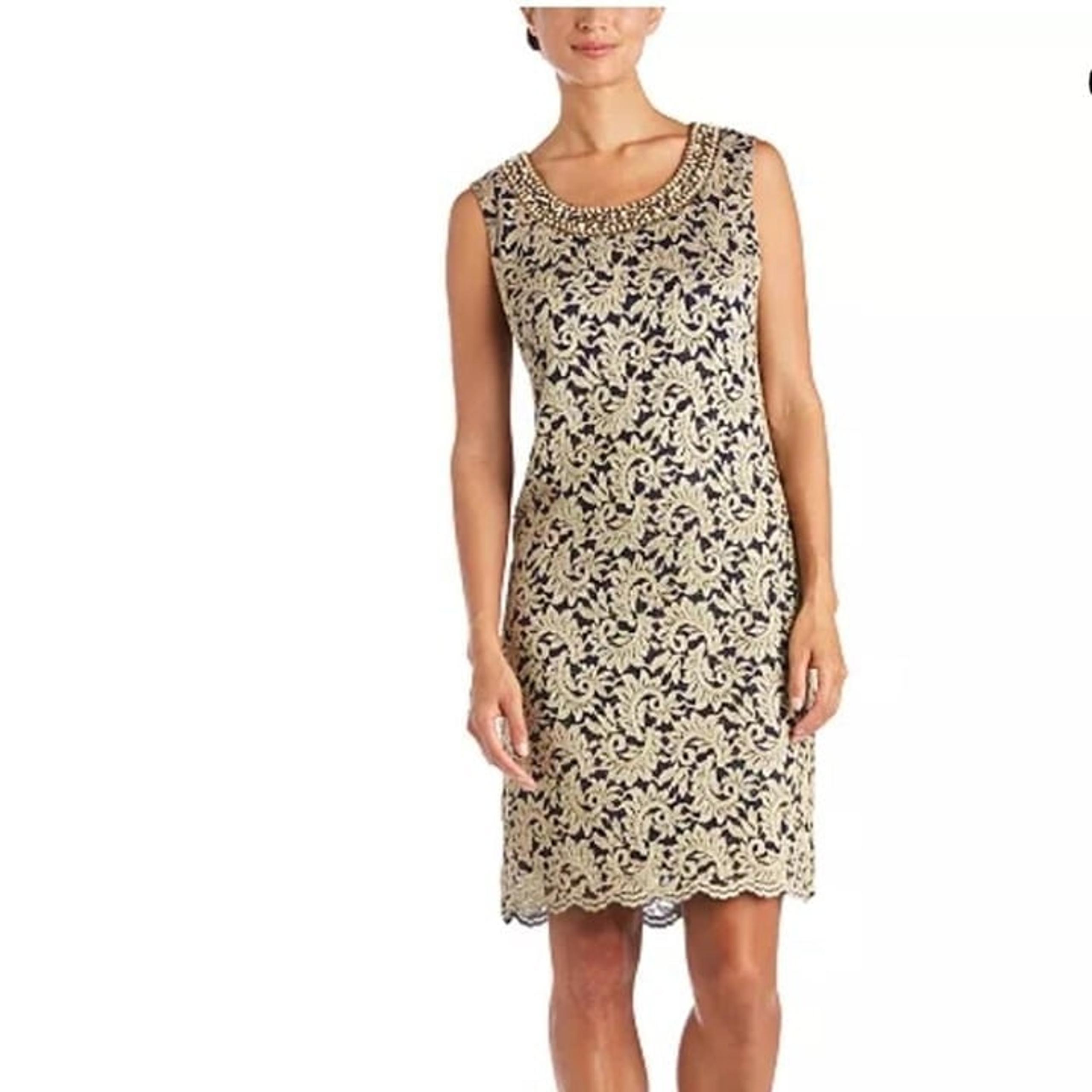NEW R & M Richard’s Navy Gold Lace Beaded Neck Sheath Dress Women’s Sz 14 NWT