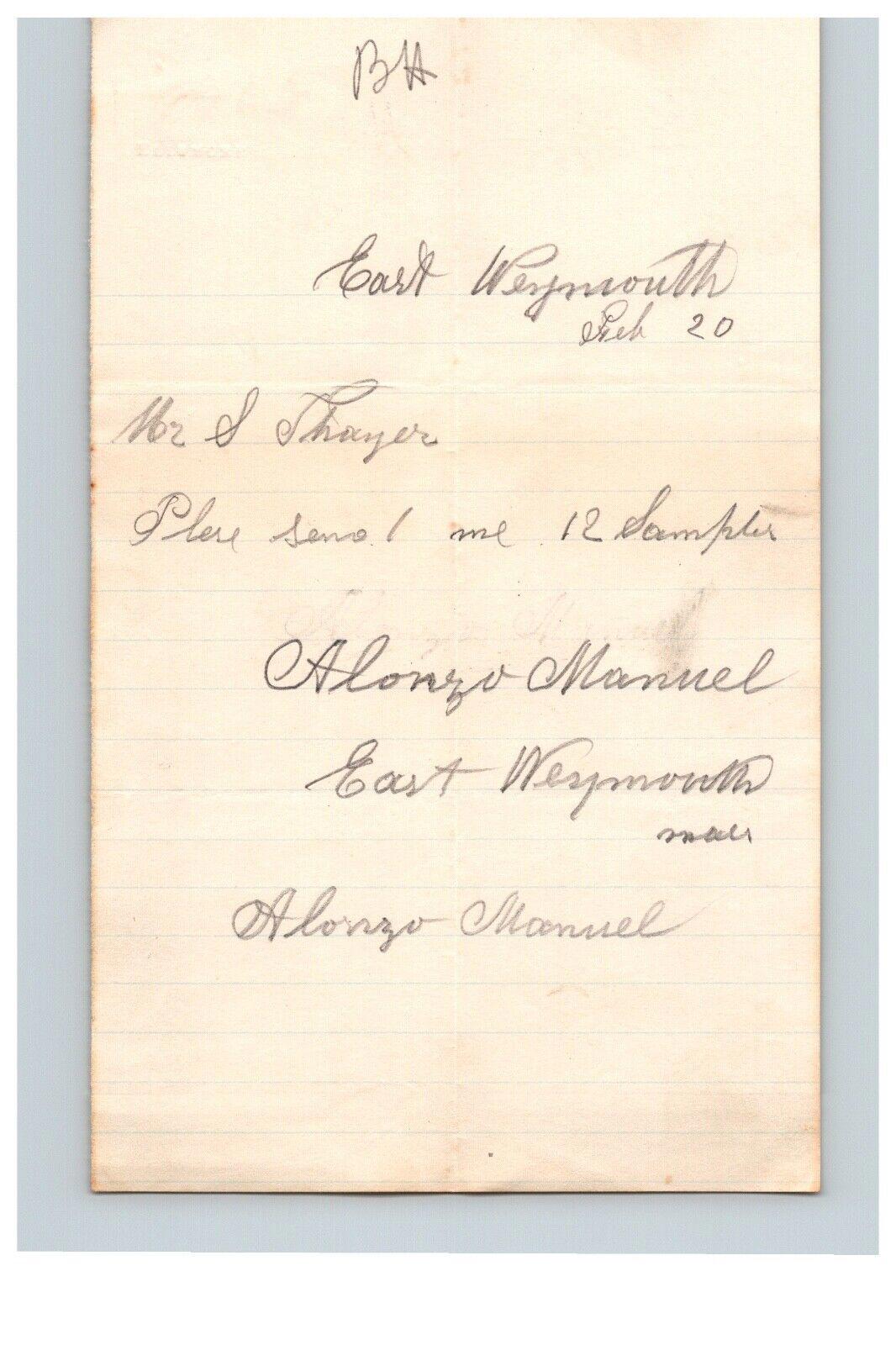 1885 Handwritten Letter Alonzo Manuel East Weymouth Massachusetts MA Family