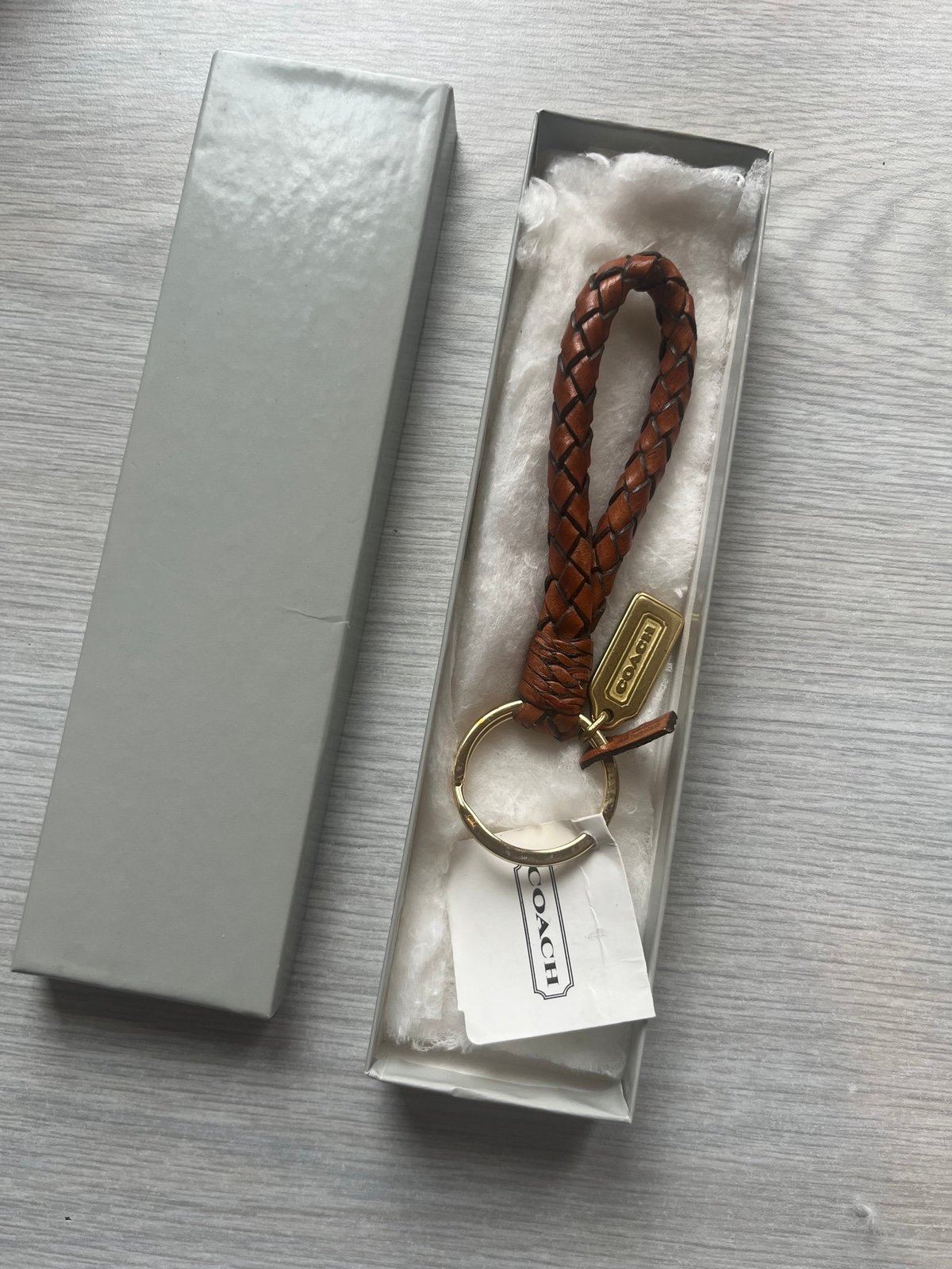 VTG Brown Gold Coach Braided Leather Strap Key Ring Hang Tag RARE NWOT 1980 1990