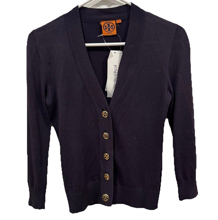Women’s Tory Burch Blue Cardigan Size Xxs 2XS Signature Buttons Logo