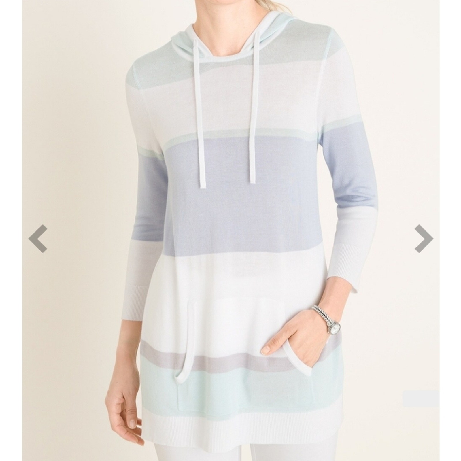 Chico's Pullover Pocket Tunic Lightweight Striped Drawstring Hood Large Knit