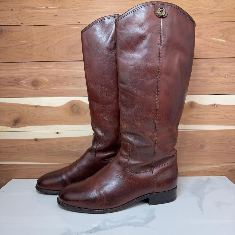 FRYE Melissa II Button Classic Brown Leather Riding Boots Knee High size 7.5