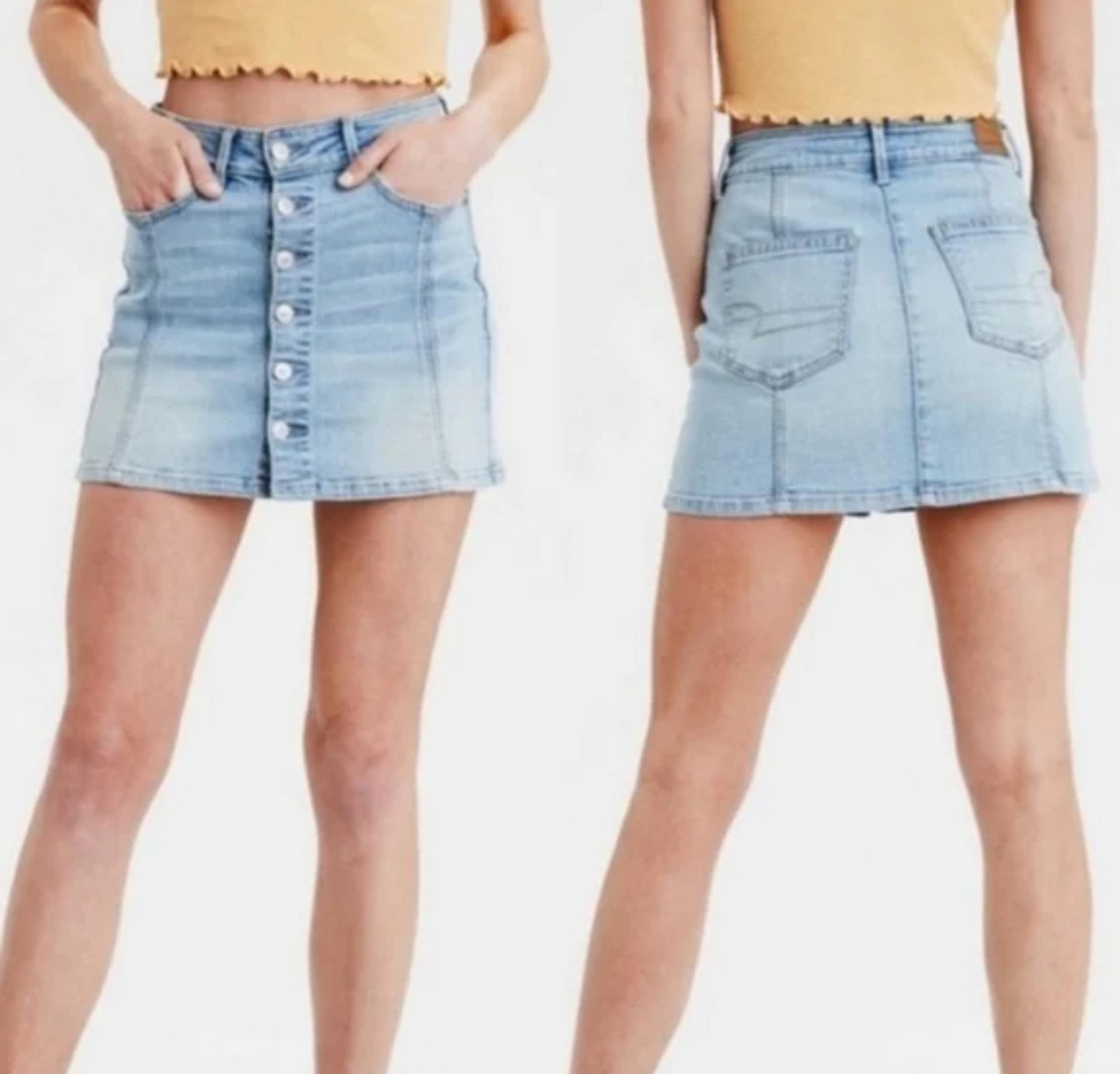 American Eagle Hi-Rise A-Line Denim Mini Skirt Button Front Size 2 Stretch