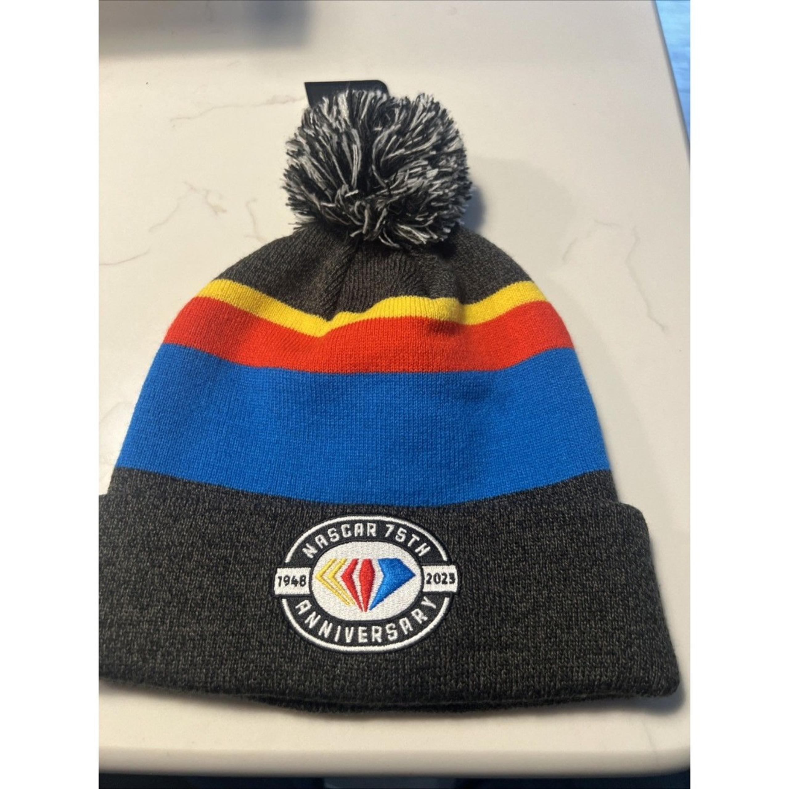 Men's Nascar 75th Anniversary Heather Gray Blue Red Cuffed Knit Hat with Pom Pom