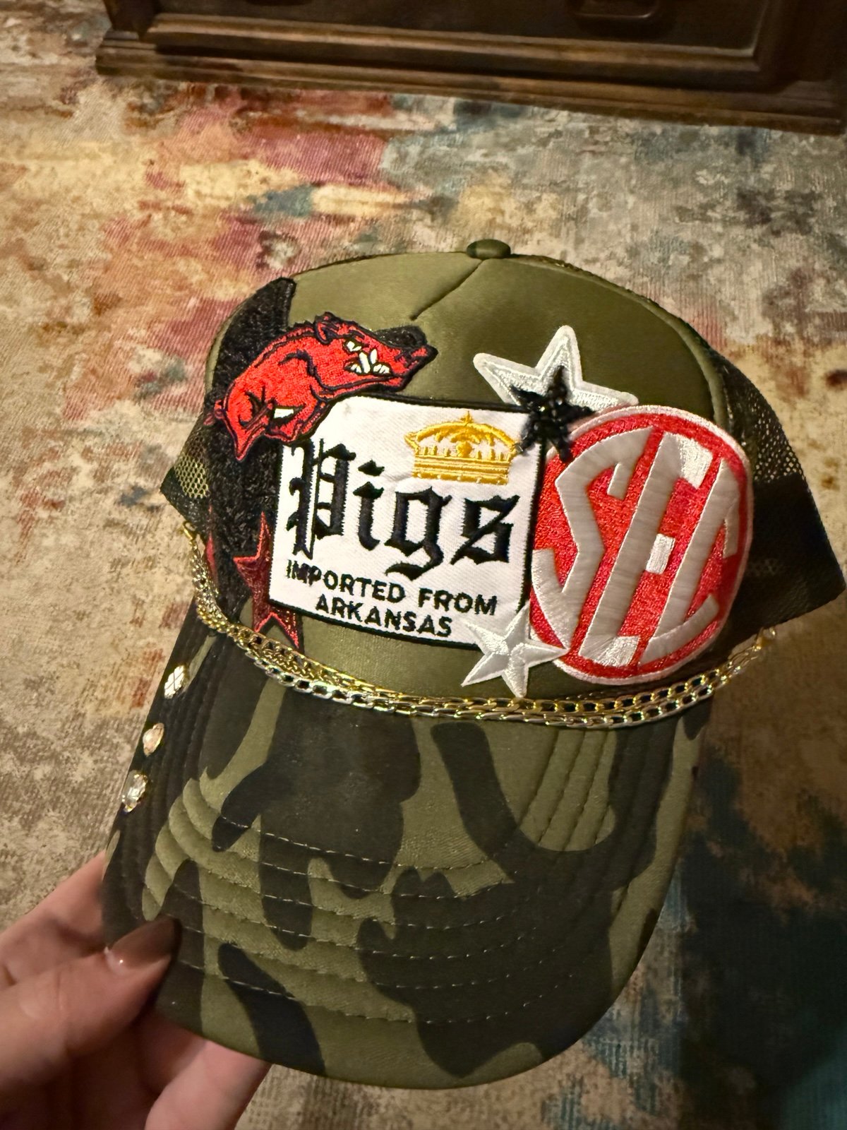 Arkansas Razorback custom patch camo trucker hat