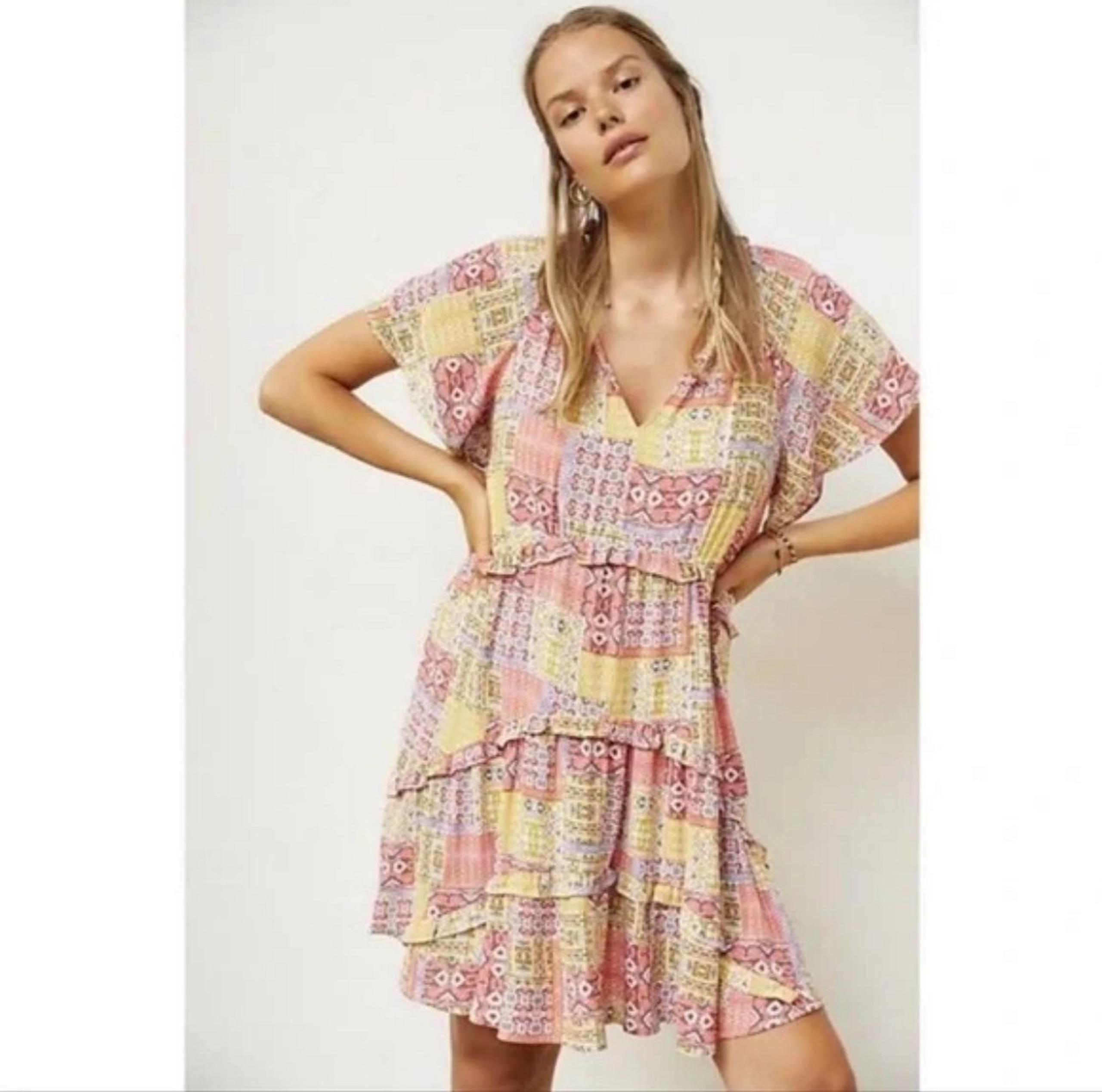 Anthropologie Robin Tiered Mini Dress in Multicolor Patchwork Print