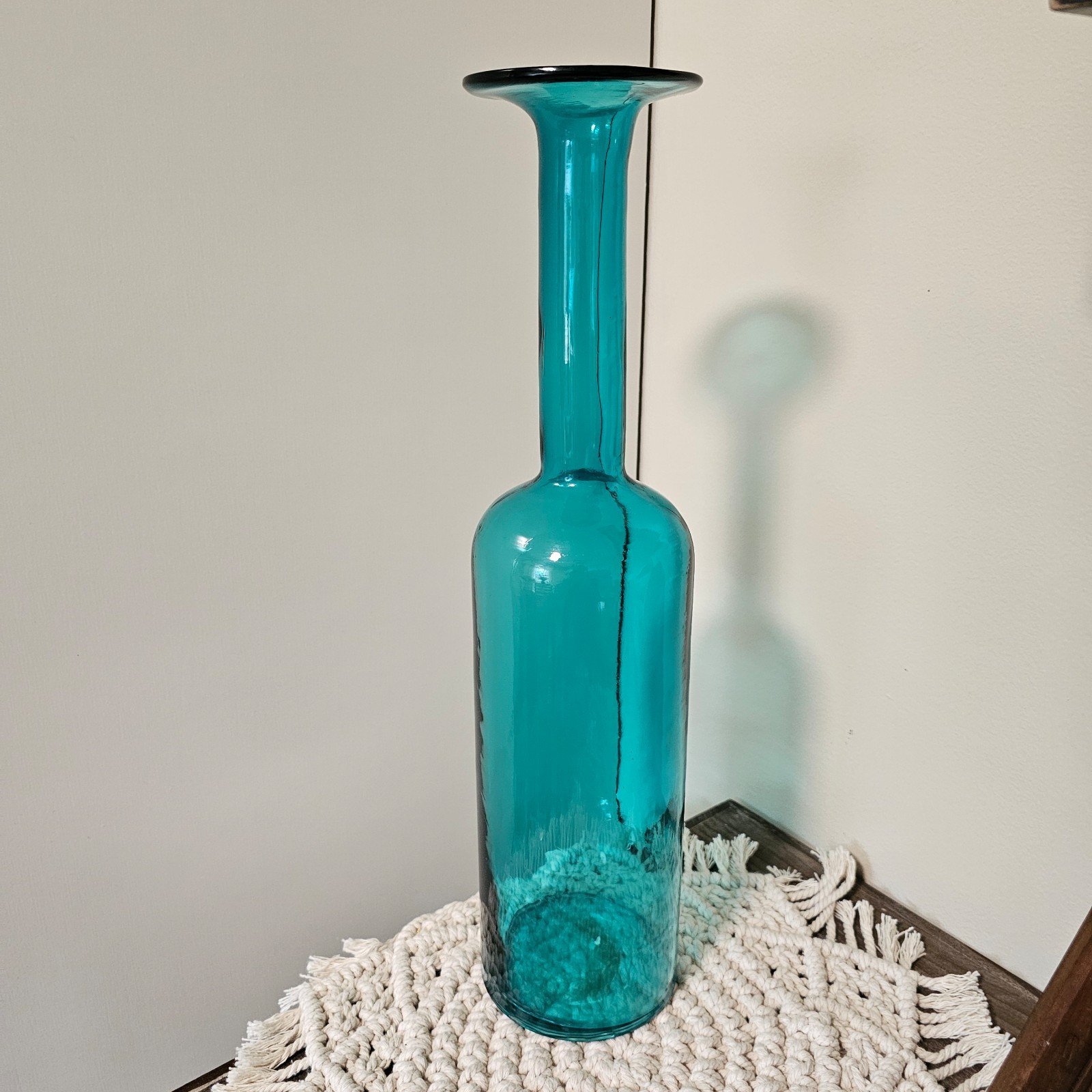 Vintage MCM Otto Brauer for Holmegaard Blown Art Glass Gulvase Teal Blue 17