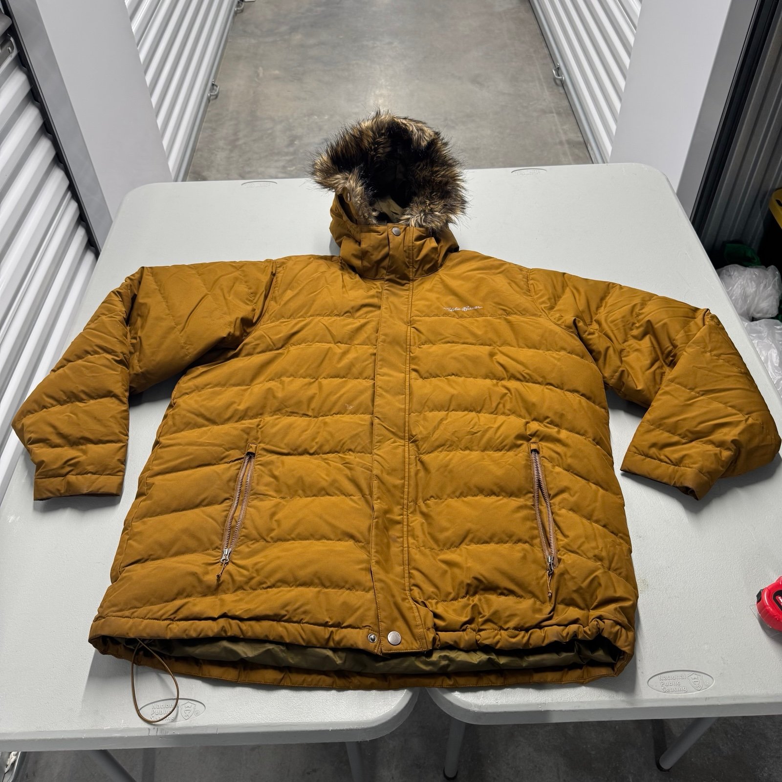 Eddie Bauer 2XL mustard yellow fur hood down puffer jacket
