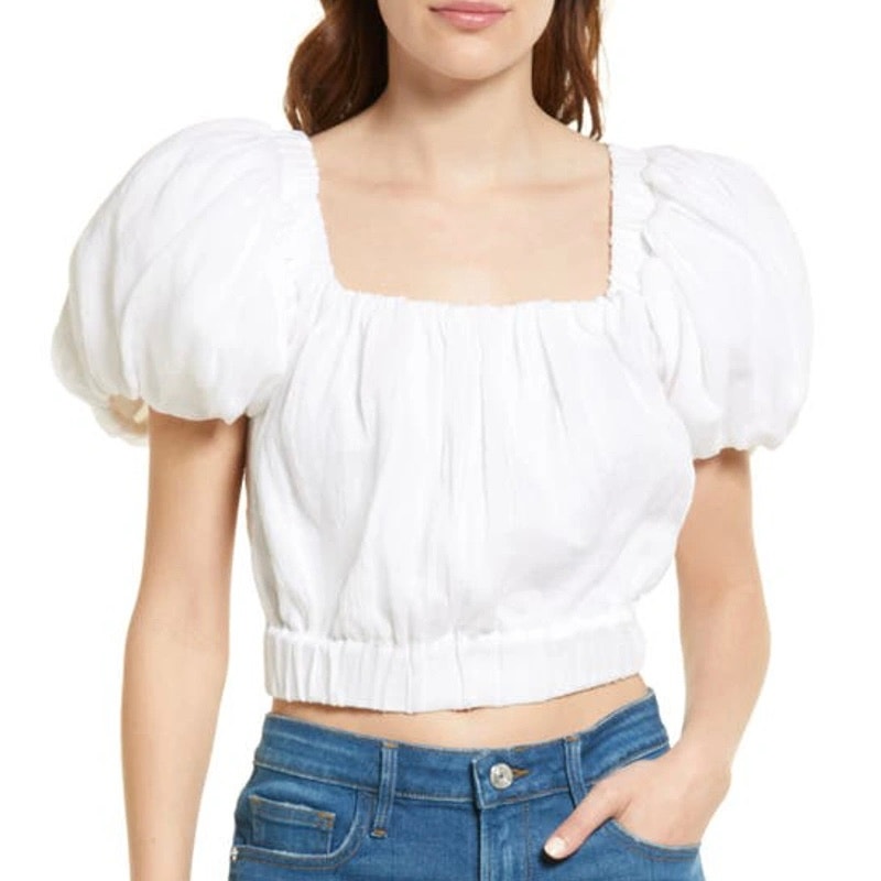NEW FRAME Ruched Crop Puff Sleeve Blouse Blanc White
