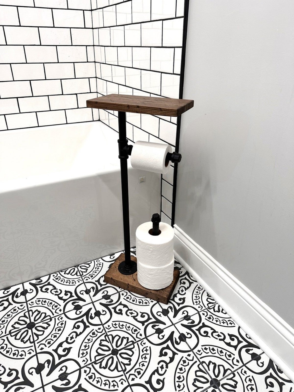 Industrial steampunk free Standing rustic toilet paper roll holder with storage