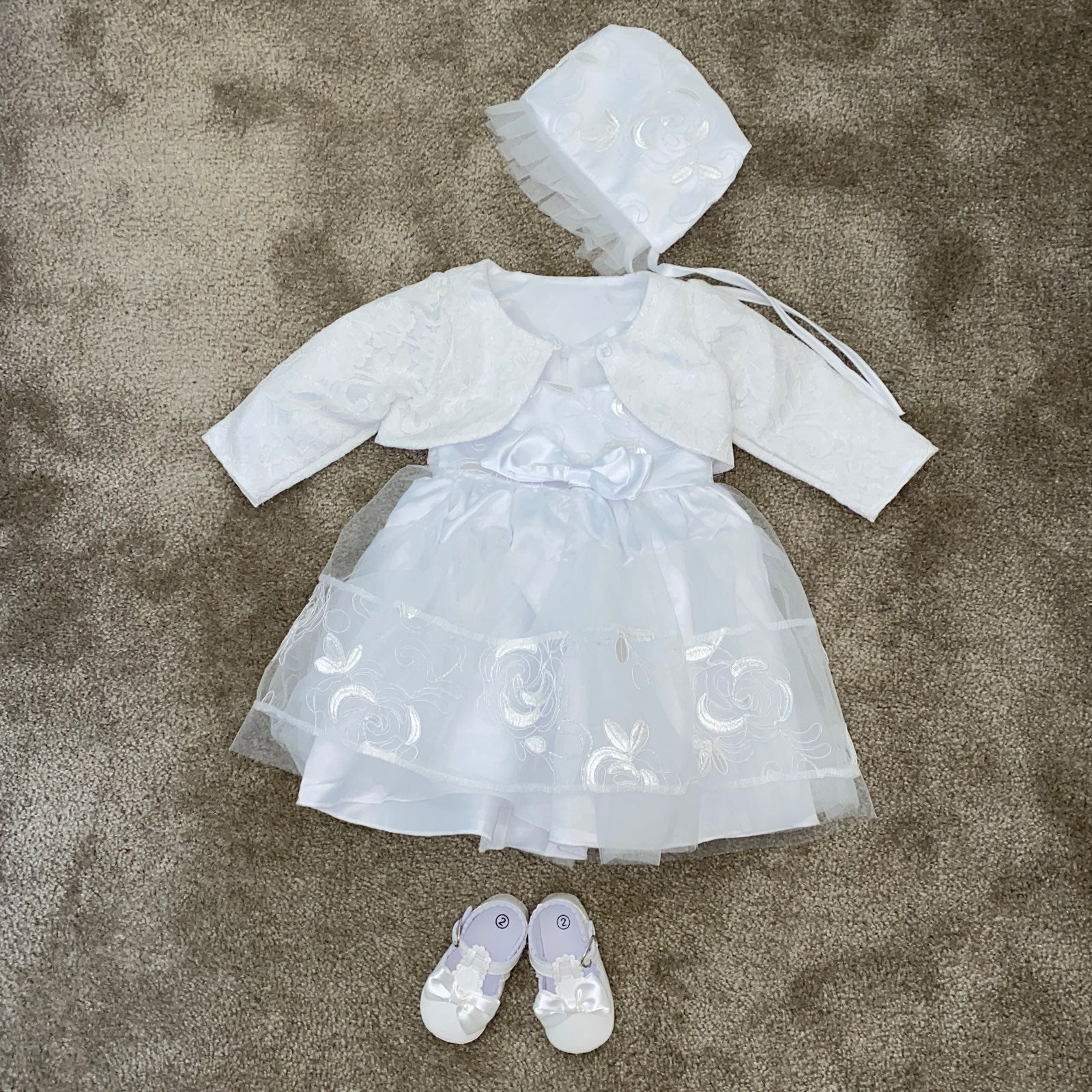 Baby infant girl Baptism Christening occasion dress bonnet tulle cardigan with s