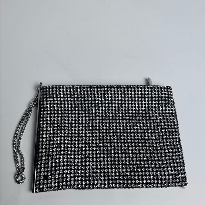 REISS Clutch Silver Rhinestone Black Background Chain Clutch Bag