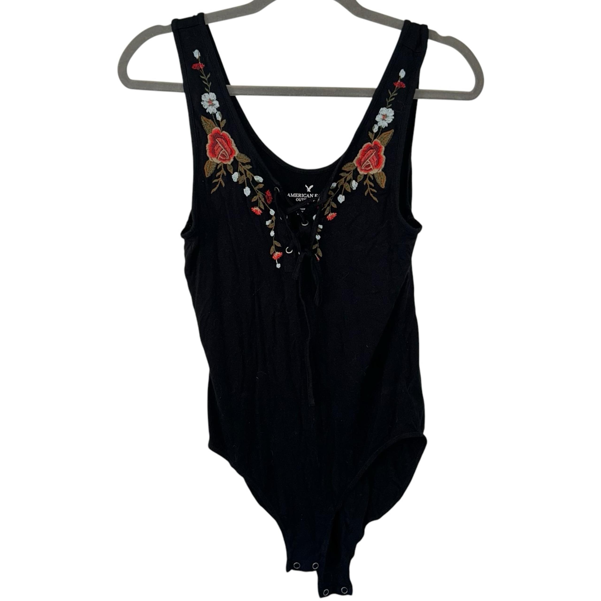 Black Pink Floral Design American Eagle Outfitters Bodysuit Top Women’s Medium!