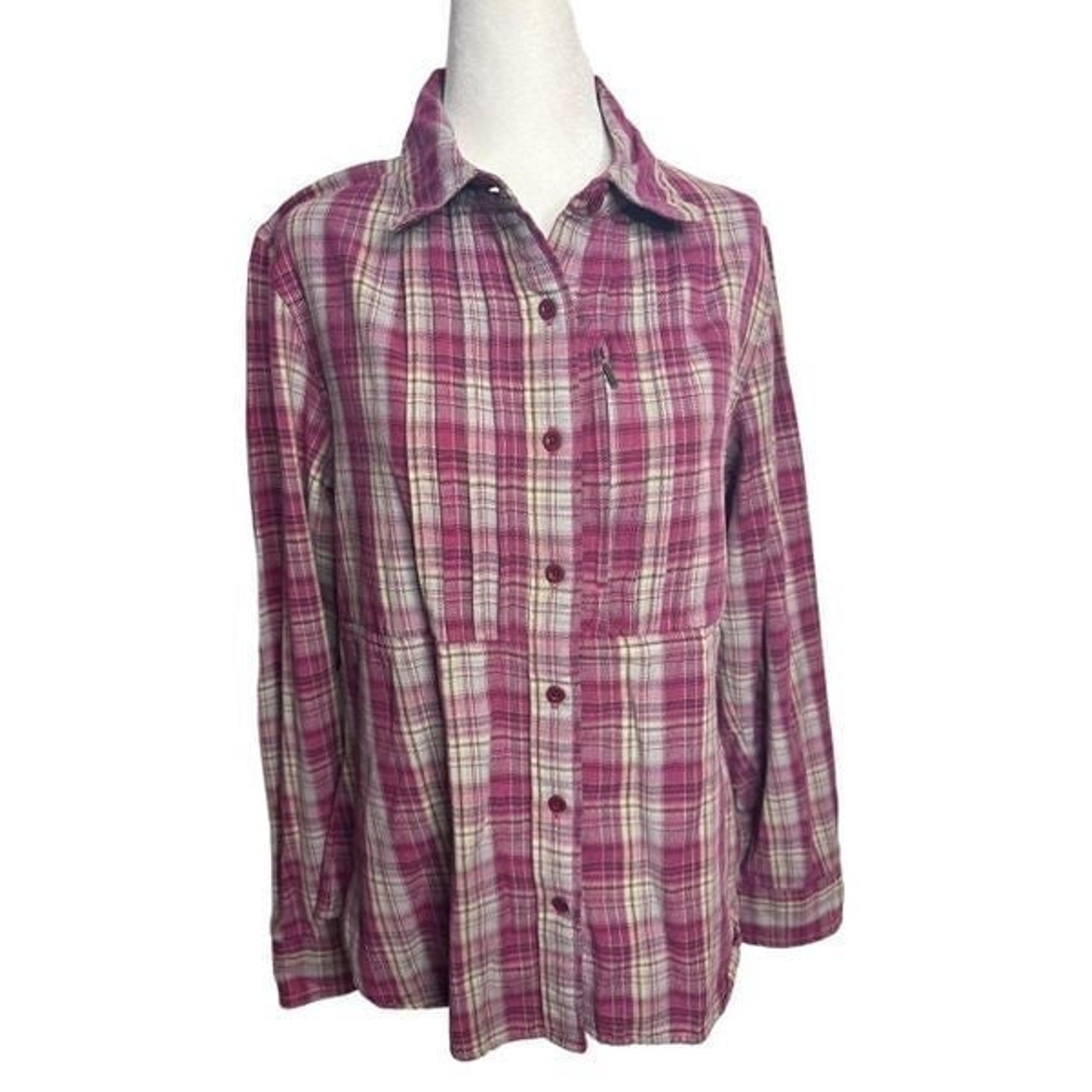 The North Face Plaid Pink Purple Pleated Chest Pocket Button Down Large Women's